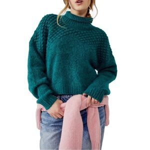 Free People Bradley Turtleneck Chunky Sweater, Blue/Green,‎ Size Large, NWT